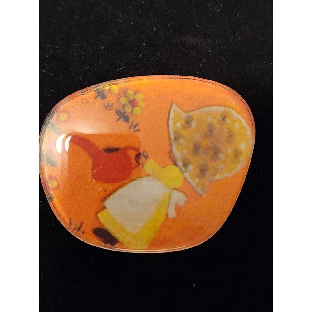 Vintage Style Enamel Art Brooch Pin Folk Art Girl Bird Heart Orange 1.5" x 1.5"